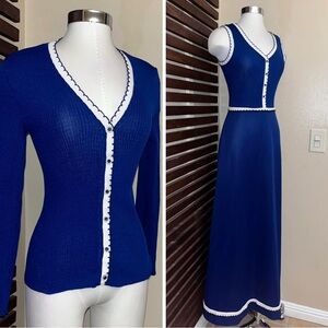1960s Blue & White Sleeveless Maxi Knit Dress & Long Sleeve Button Cover Up Set